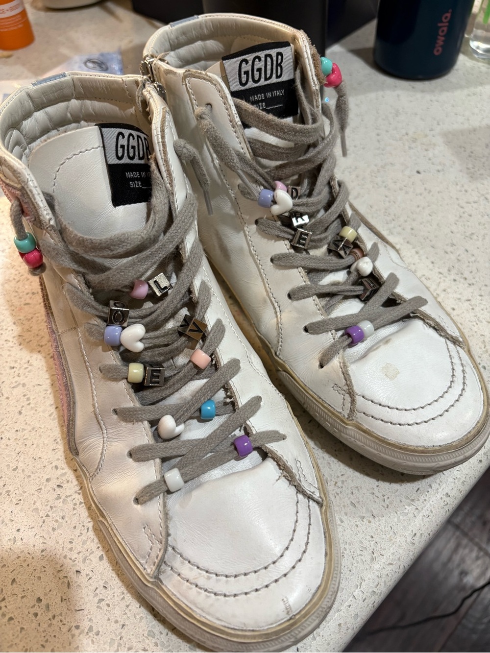 Golden Goose White High-Top Sneakers with Multicolor Bead Accents